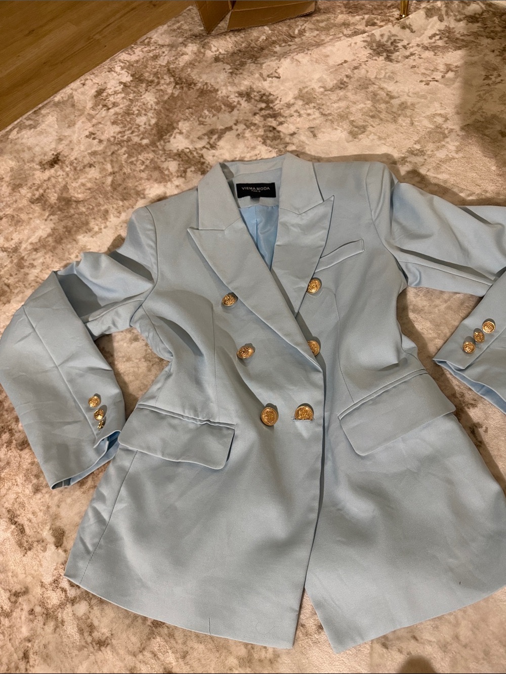 Paris Blues Pastel Blue Double-Breasted Blazer with Gold Buttons